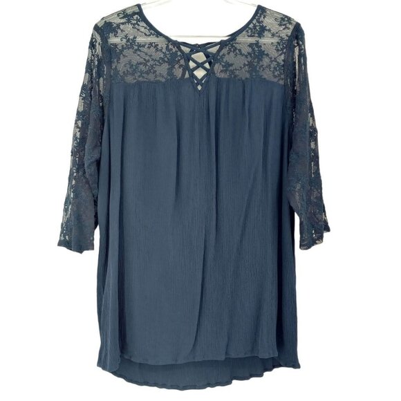 Torrid Blue Lace Embroidered Gauze Blouse Women's 1X Boho Hippie Spring Summer - Picture 1 of 9